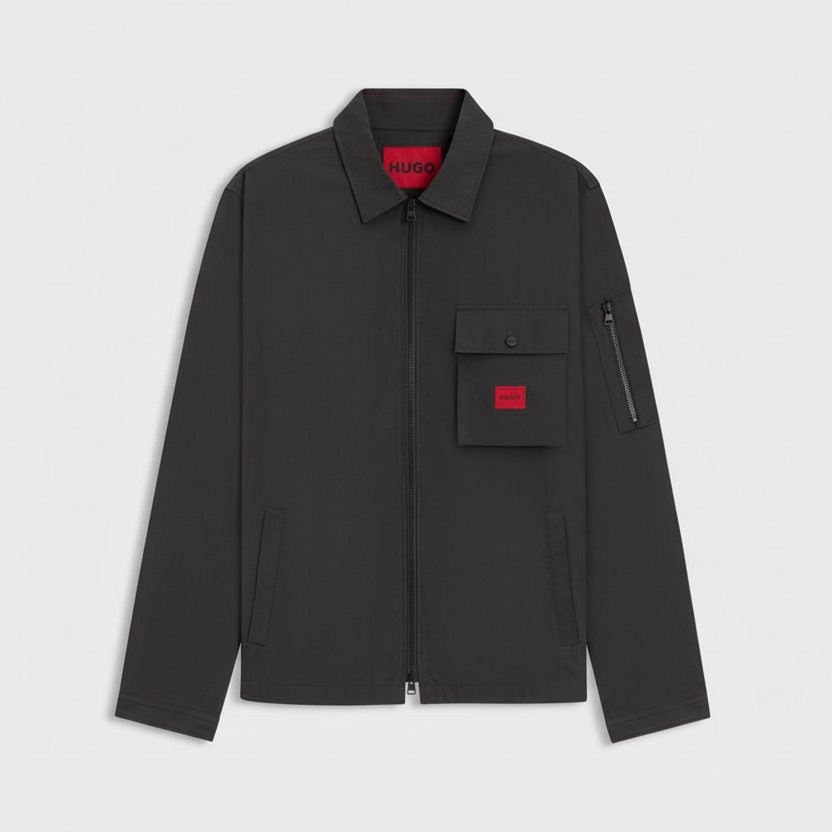 HUGO Men's Zip-Up Overshirt Jacket with Red Logo Patch
