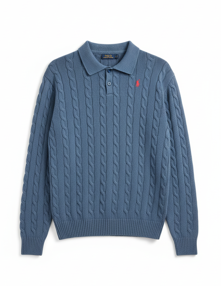 Polo Collar Cable-Knit Sweater – Timeless Winter Elegance