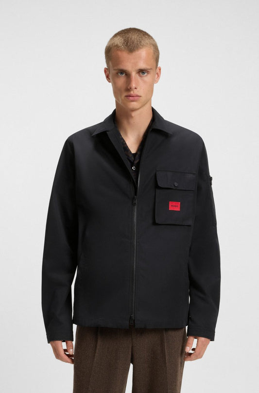 HUGO Men's Zip-Up Overshirt Jacket with Red Logo Patch